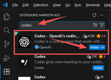在 VS Code 扩展市场搜索 Codex 并安装的截图