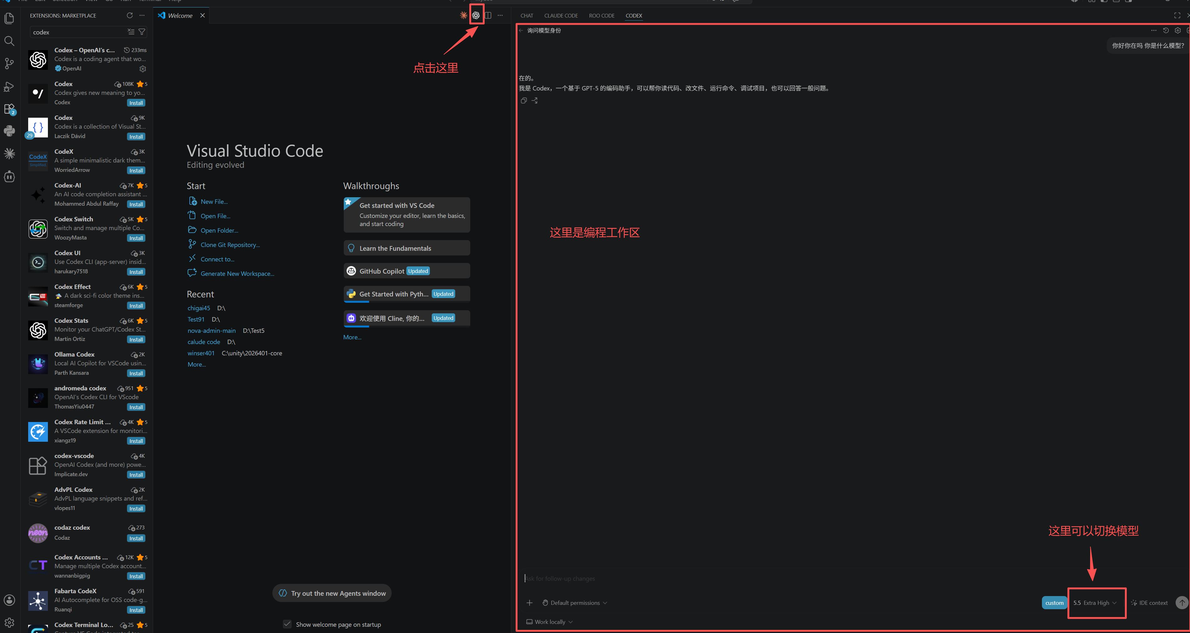 VS Code 中 Codex 图标位置截图